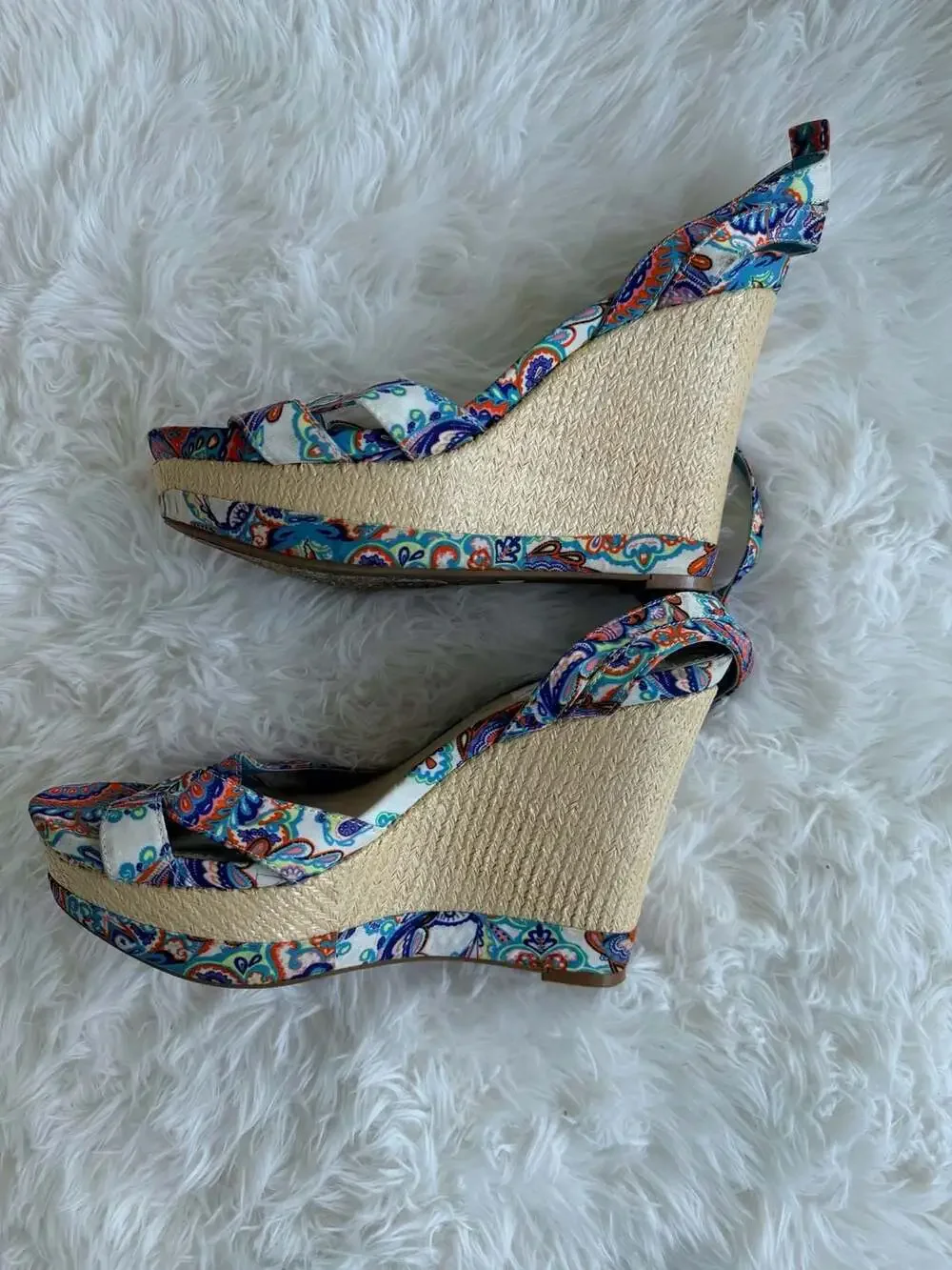 Gianni Bini Blue Multi-Colored Paisley Print Ankle Strap Wedge Sandals